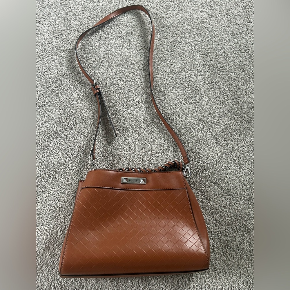 GUESS Hillsdale Satchel Braid style Top Handle, Tan color